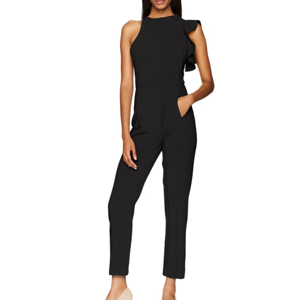 Black Halo Pabla Ruffle Jumpsuit Womens Size 12 Black Straight Leg